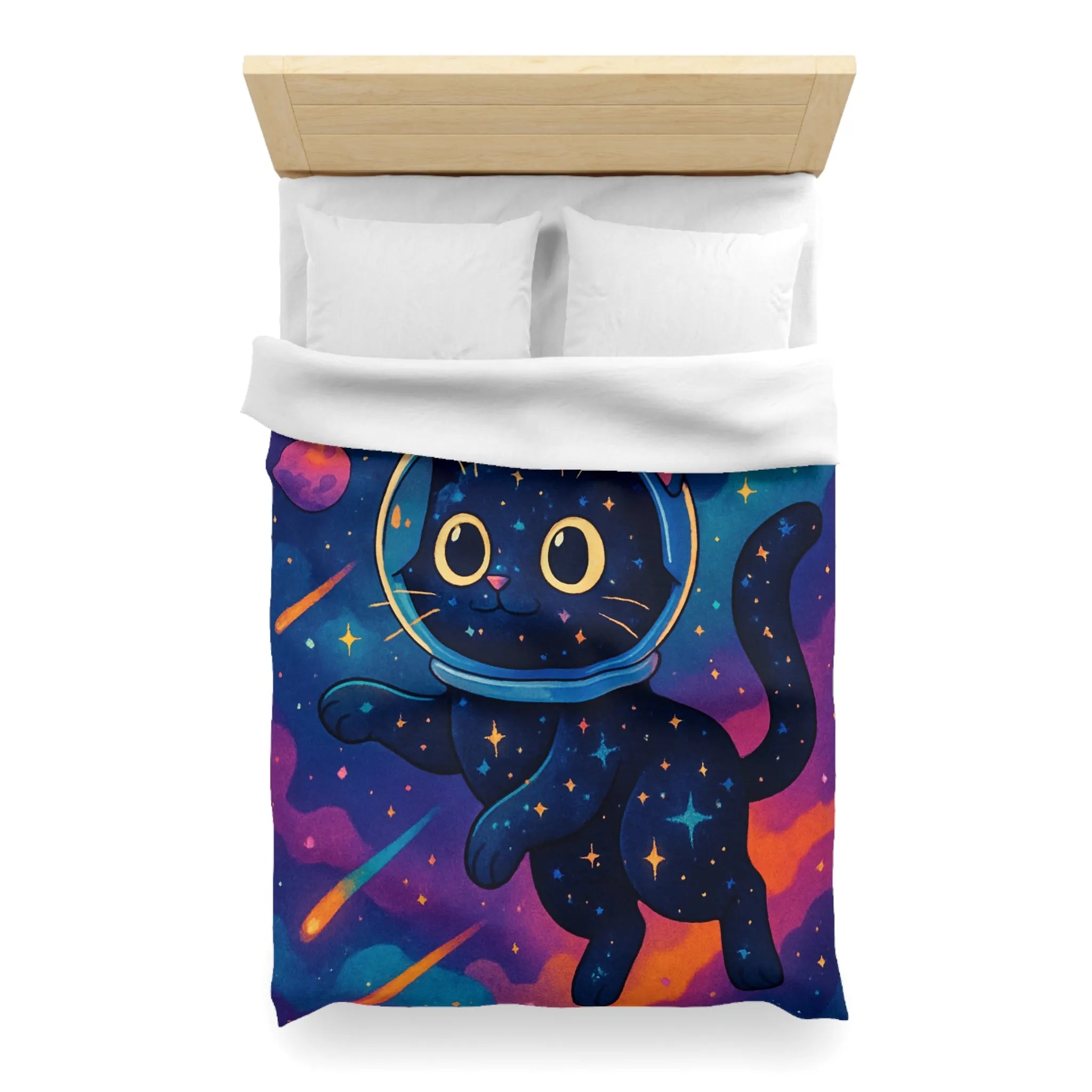 Housse de couette chat cosmique dans l’espace avec étoiles et planètes colorées
