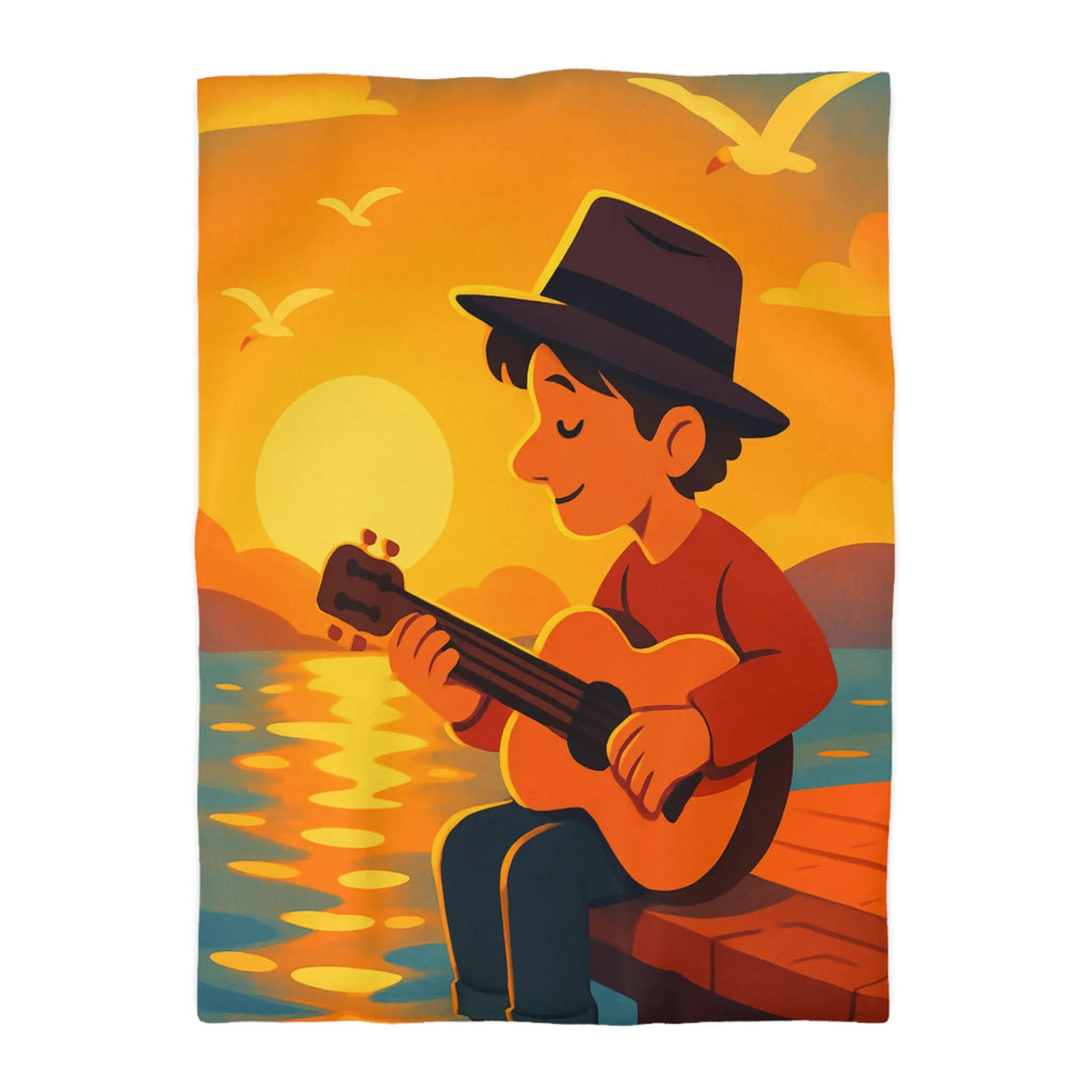 Housse de couette avec illustration relaxante d'un coucher de soleil et musicien