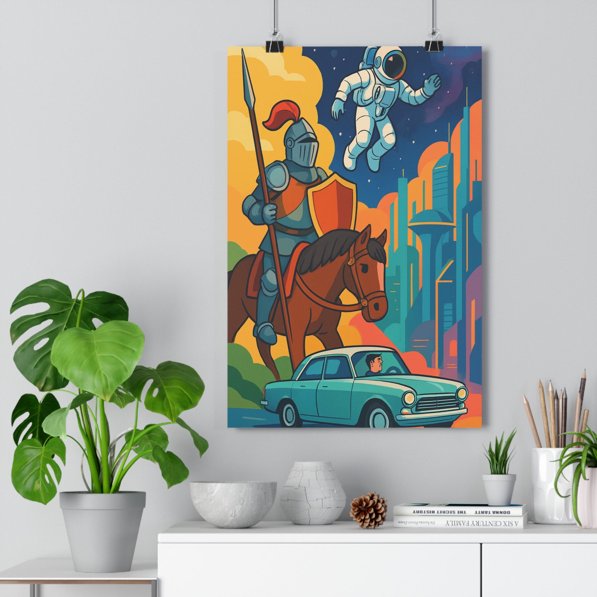 Poster décoratif chevalier astronaute voiture ancienne ville futuriste bleu orange vert aventure salon qualité