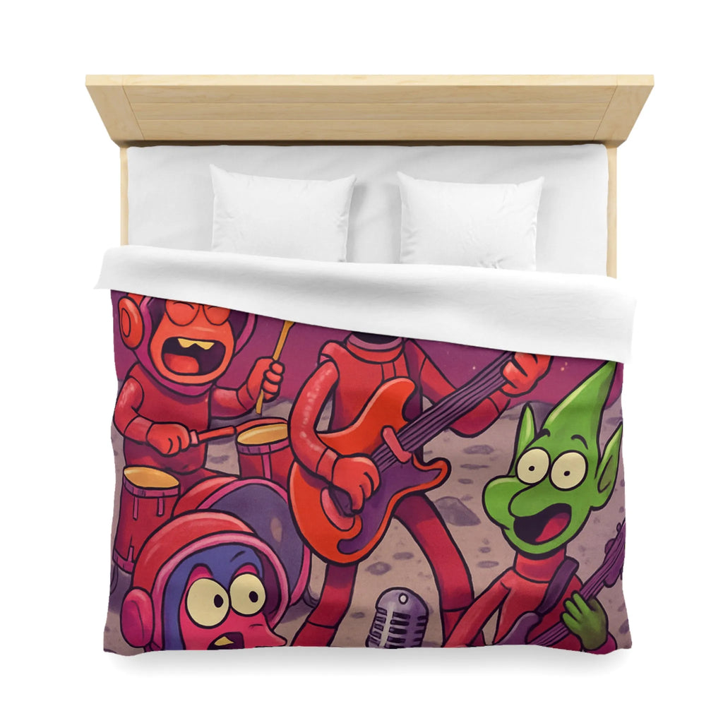 Housse de Couette Éclectique avec Aliens Musiciens sous Ciel Étoilé pour Chambre Unique