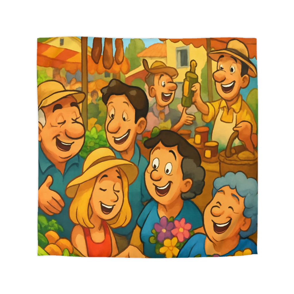 Housse de couette avec illustration joyeuse d'un marché animé et coloré