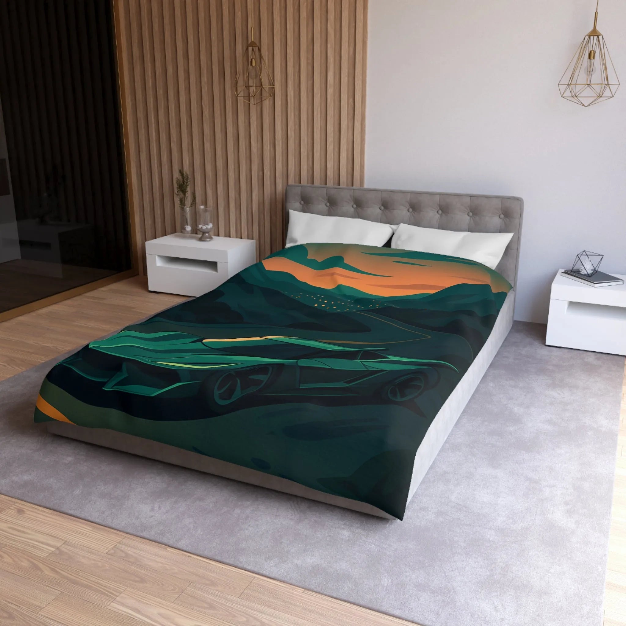 Housse de couette design voiture de sport moderne sur route sinueuse au crépuscule