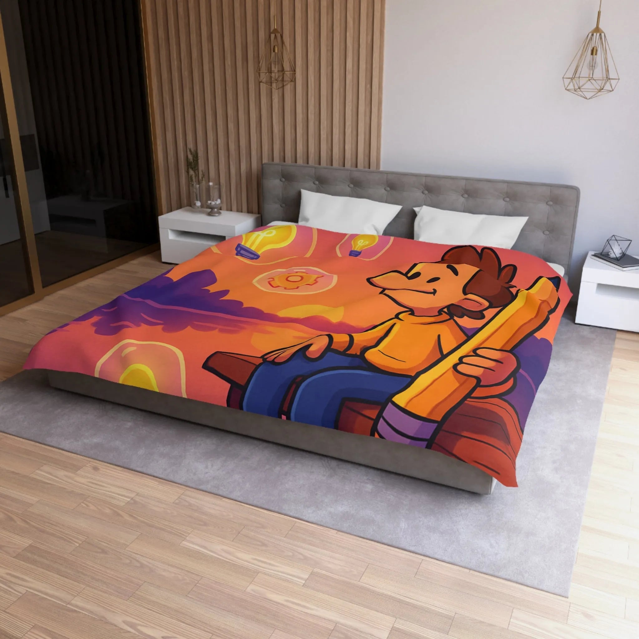 Housse de Couette Créative Avec Personnage Dessinant au Couchant et Ampoules Inspirantes