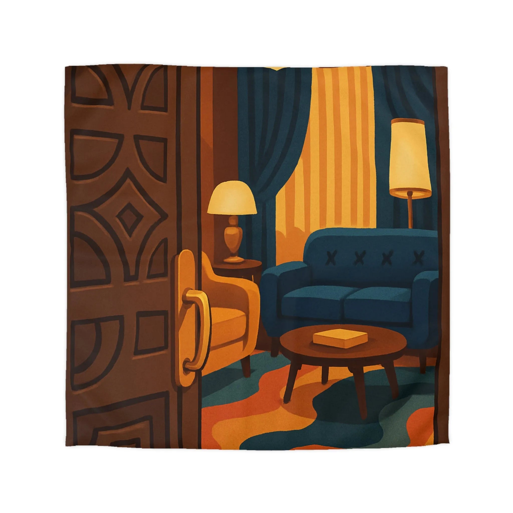 Élégante chambre rétro avec fauteuils modernes et rideaux en velours bleu nuit