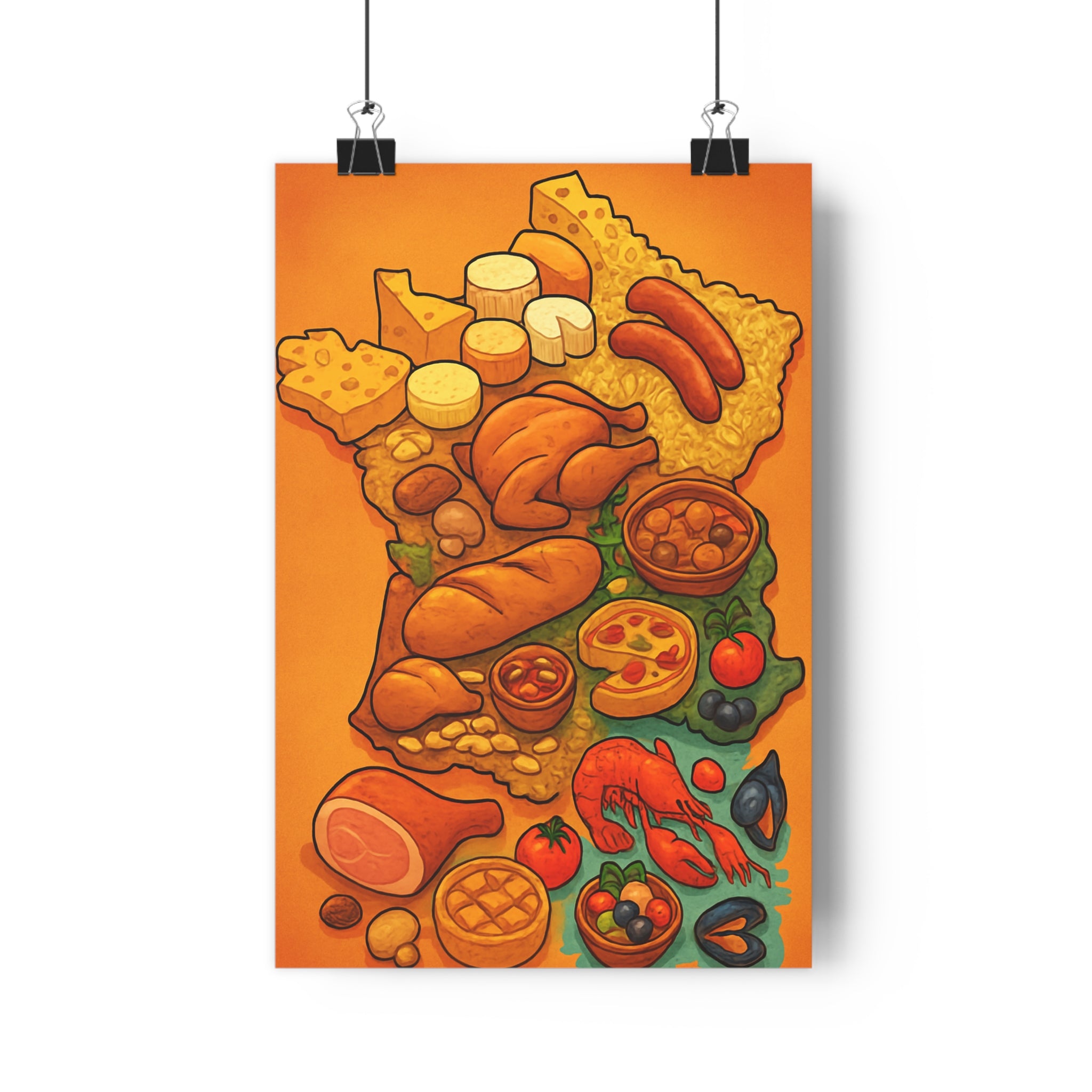 Poster décoratif cuisine carte France gourmand coloré jaune rouge salle manger ambiance régionale vintage