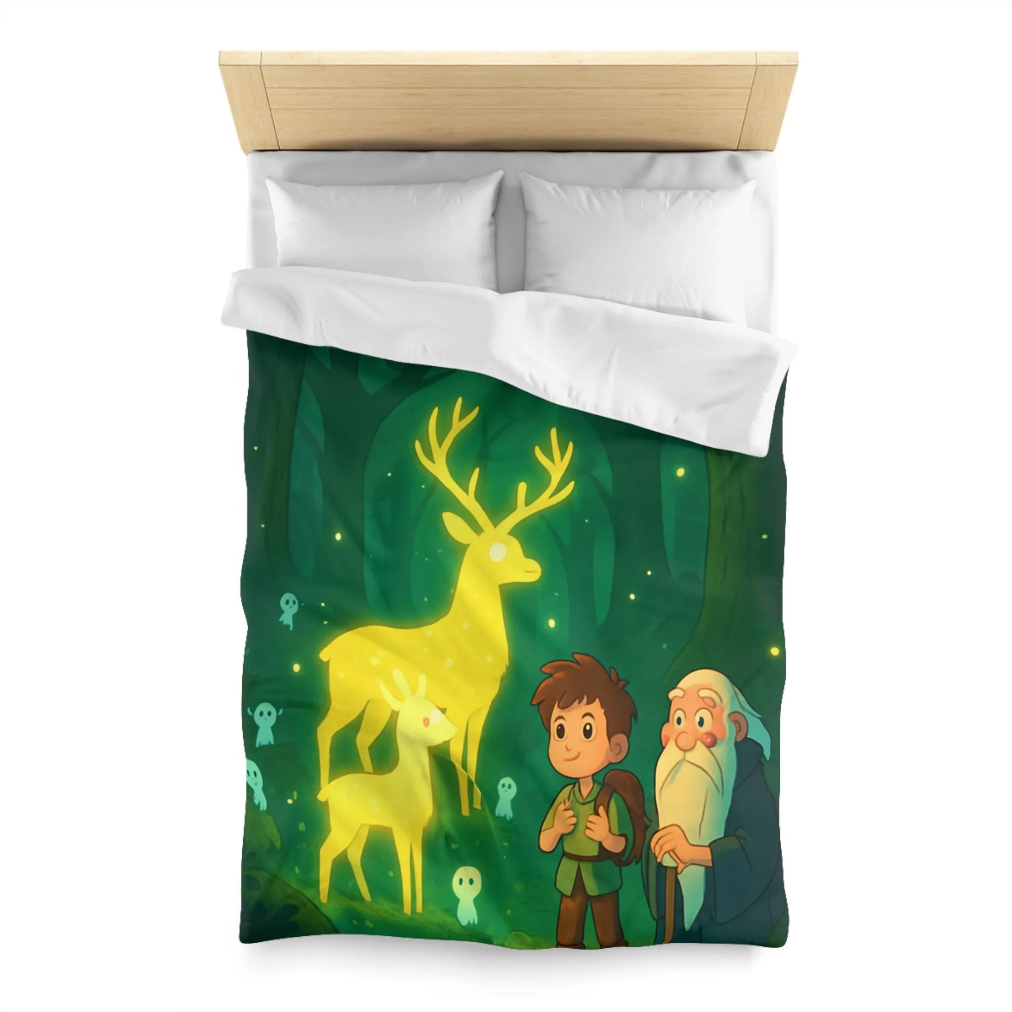 Housse de couette féerique avec cerfs lumineux et personnages dans une forêt enchantée