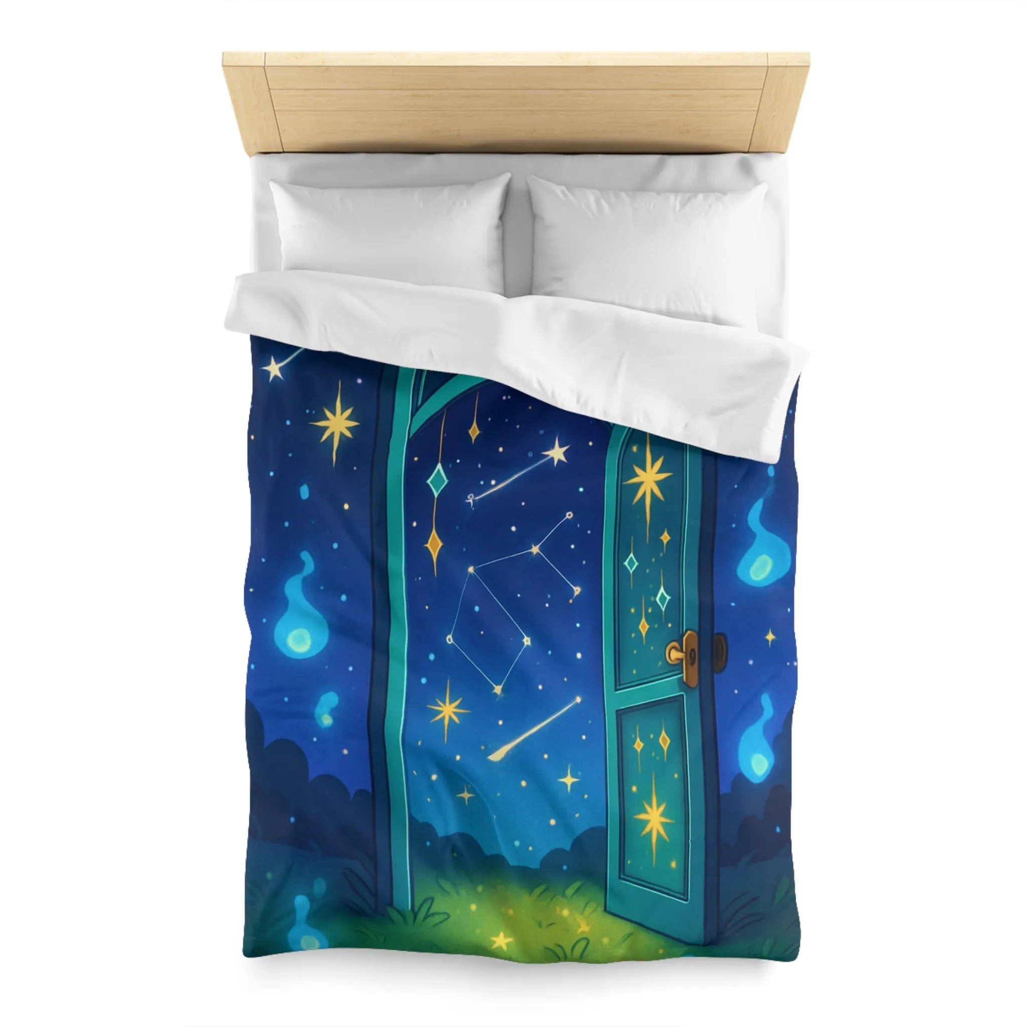 Housse de couette magique avec porte ouverte sur ciel étoilé bleu et constellations