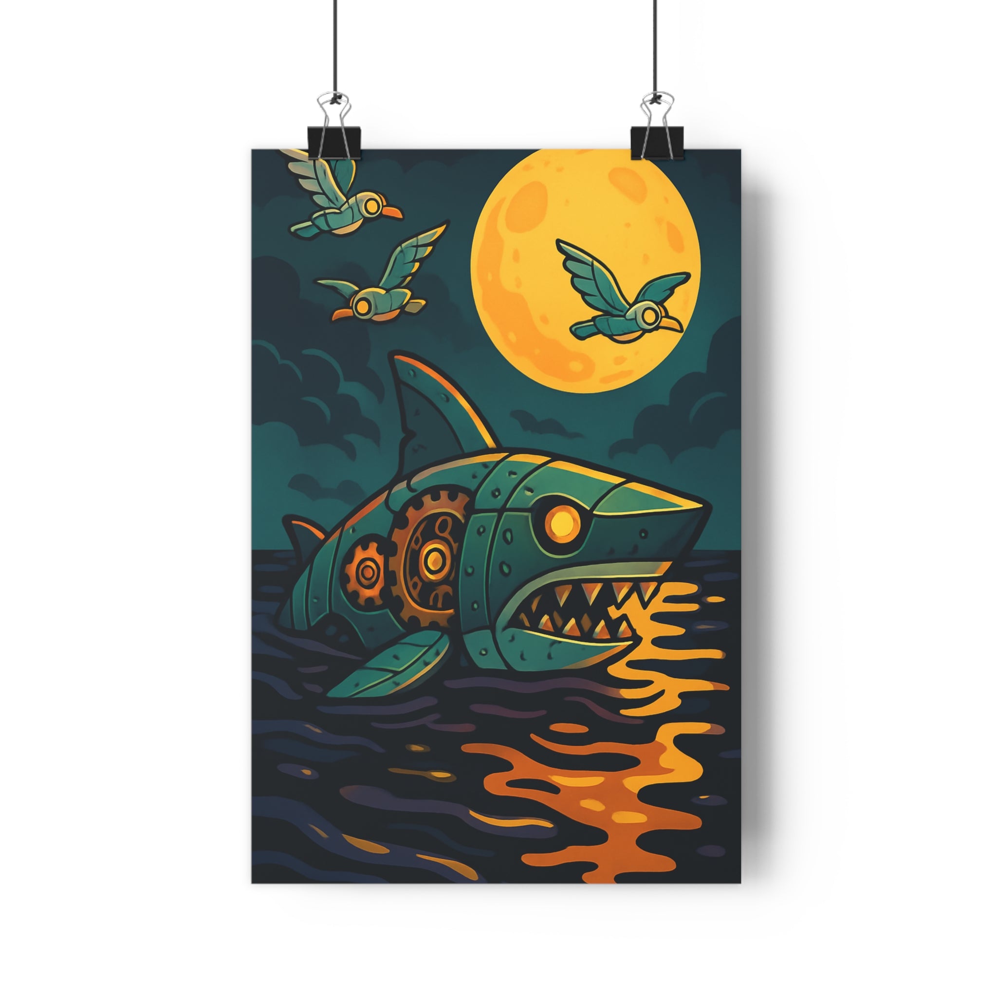 Poster décoratif steampunk requin bleu orange cartoon mystérieux bureau chambre design original tendance unique