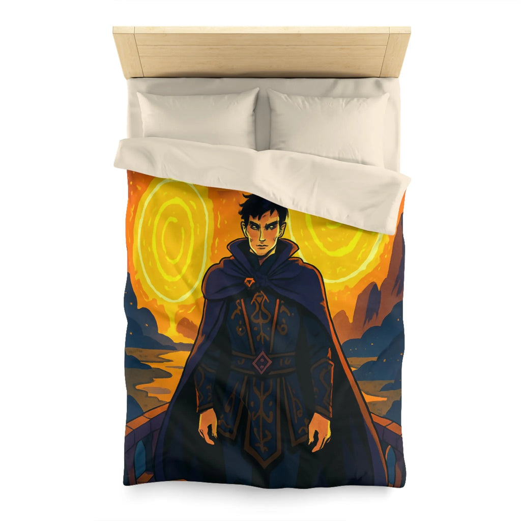 Housse de couette fantastique avec sorcier et portails lumineux dans paysage nocturne magique