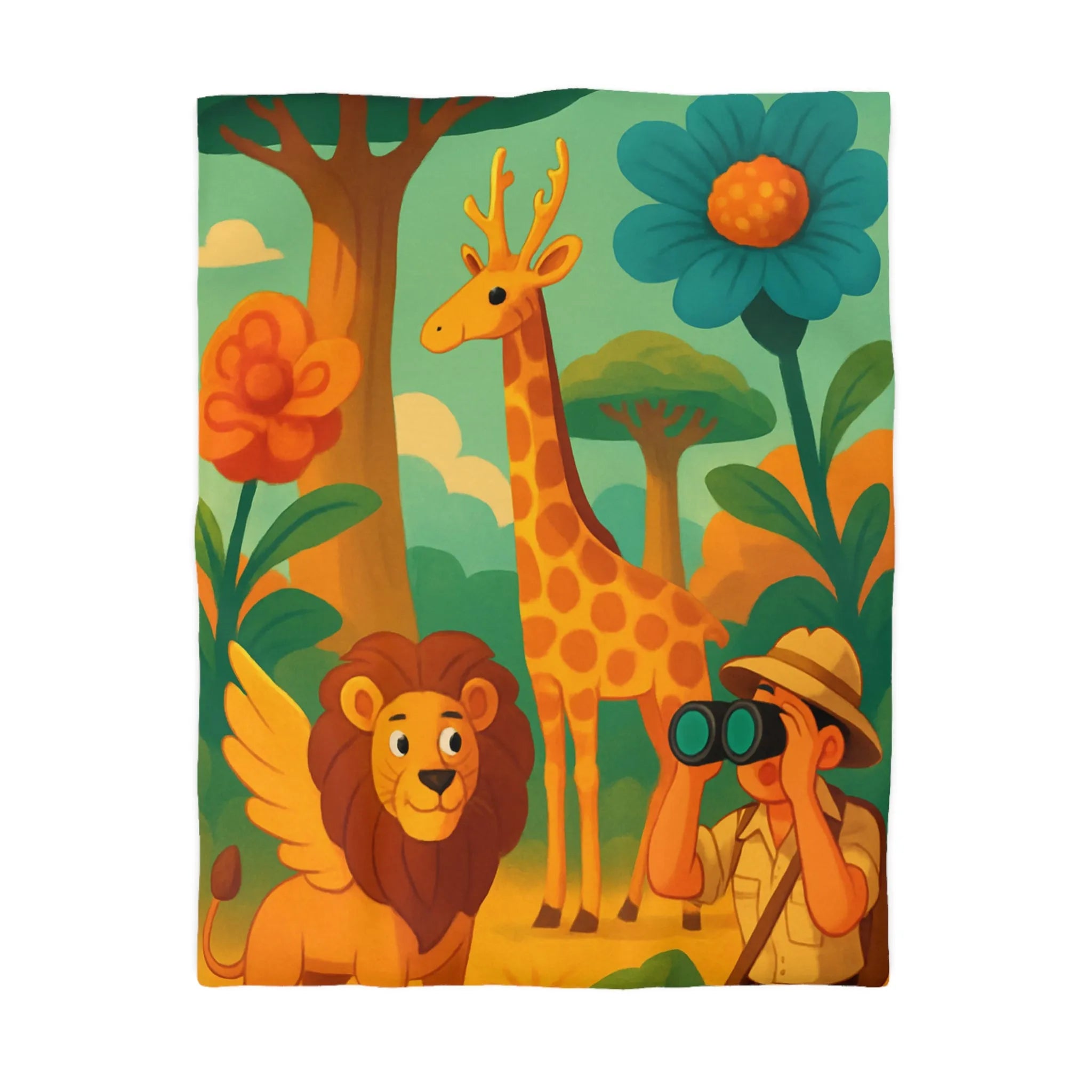 Housse de couette enfant safari : lion, girafe, explorateur, jungle colorée et joyeuse