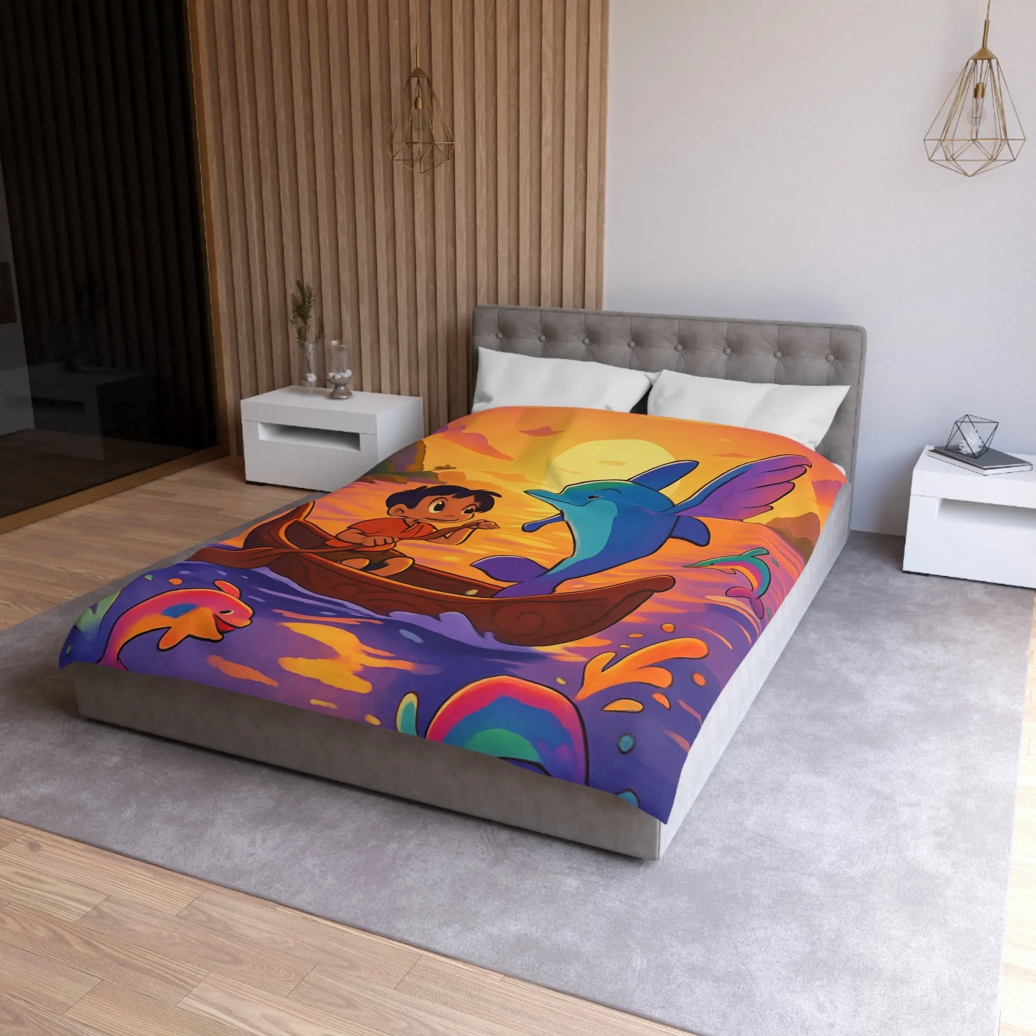 Housse de Couette Enfant : Dauphin Bleu, Aventure en Barque, Coucher de Soleil