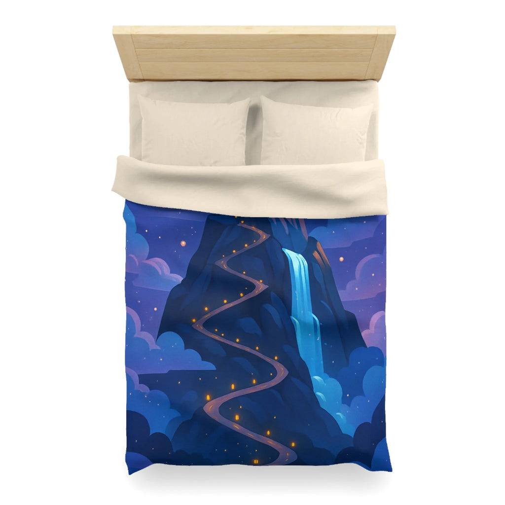 Housse de couette avec château glacé sur montagne illuminée sous ciel étoilé féerique