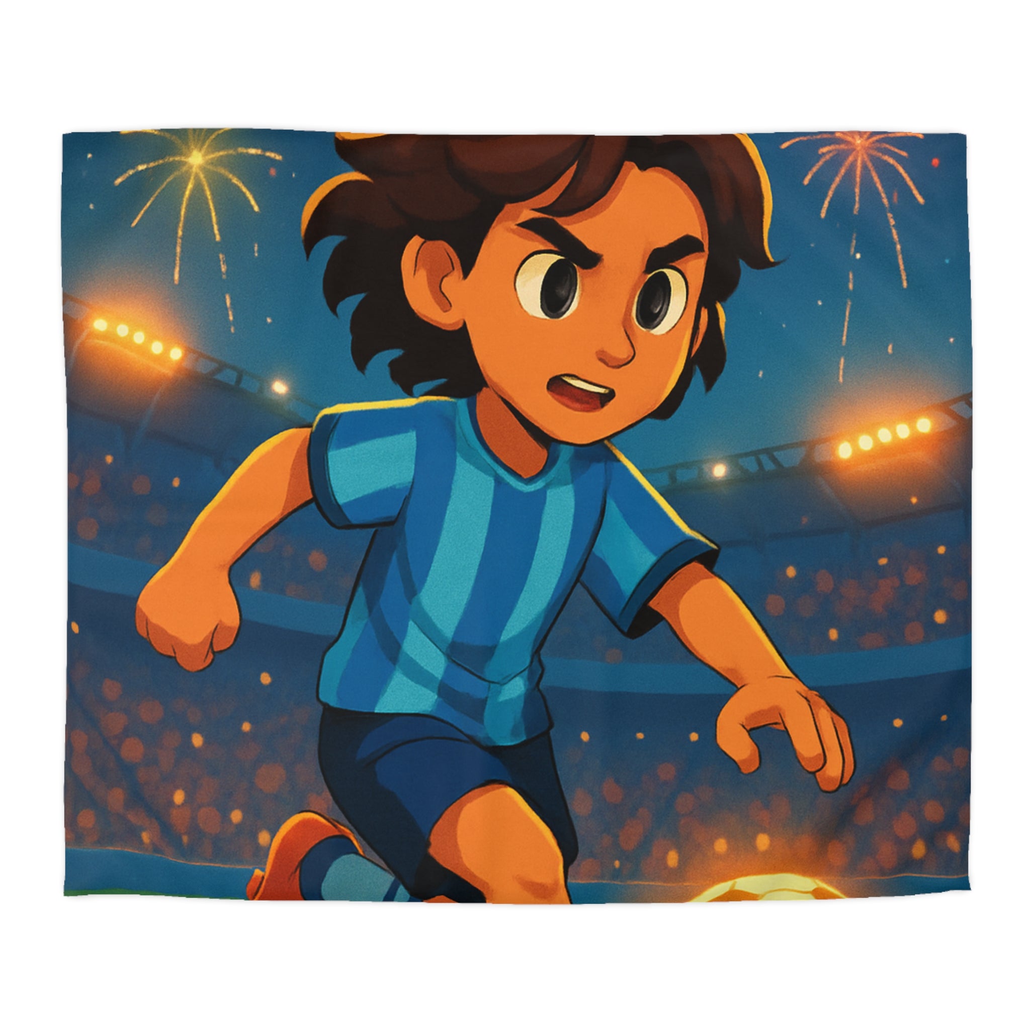 Housse de couette vibrante avec joueur de football animé et feux d'artifice