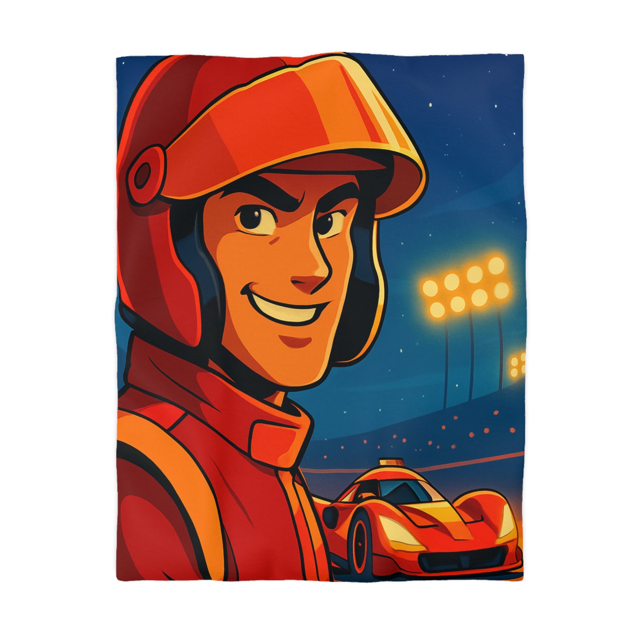 Housse de couette style course automobile avec pilote souriant et voiture rouge rapide