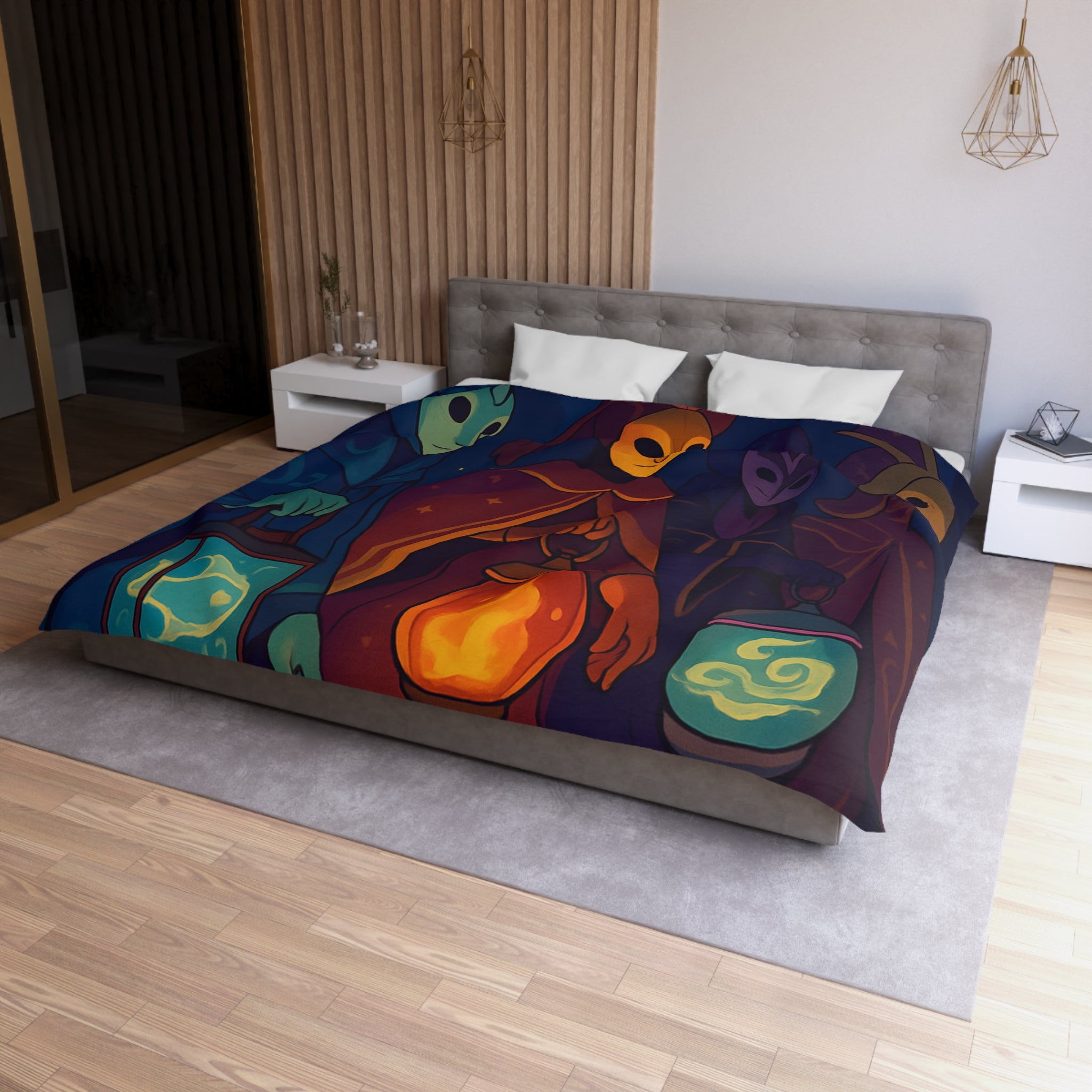 Housse de couette mystérieuse avec personnages masqués et lanternes en forêt étoilée