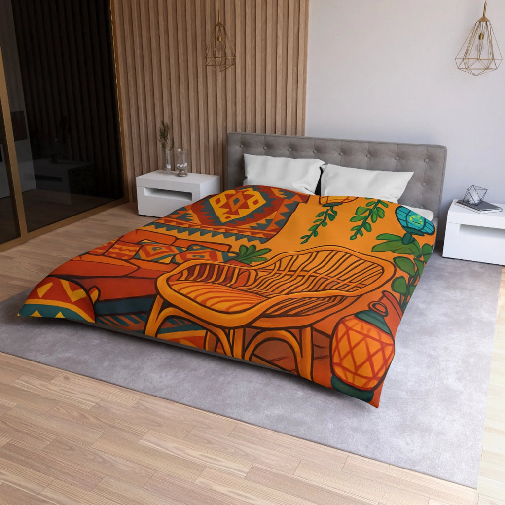 Housse de Couette aux Motifs Géométriques Bohèmes avec Tons Oranges et Bleus Éclatants