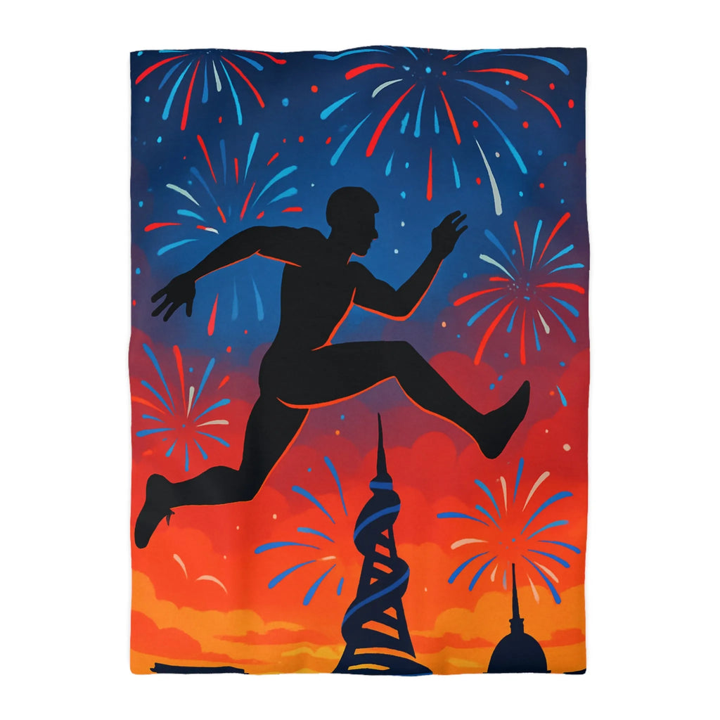 Housse de couette avec silhouette sportive et feux d'artifice, ambiance nocturne colorée