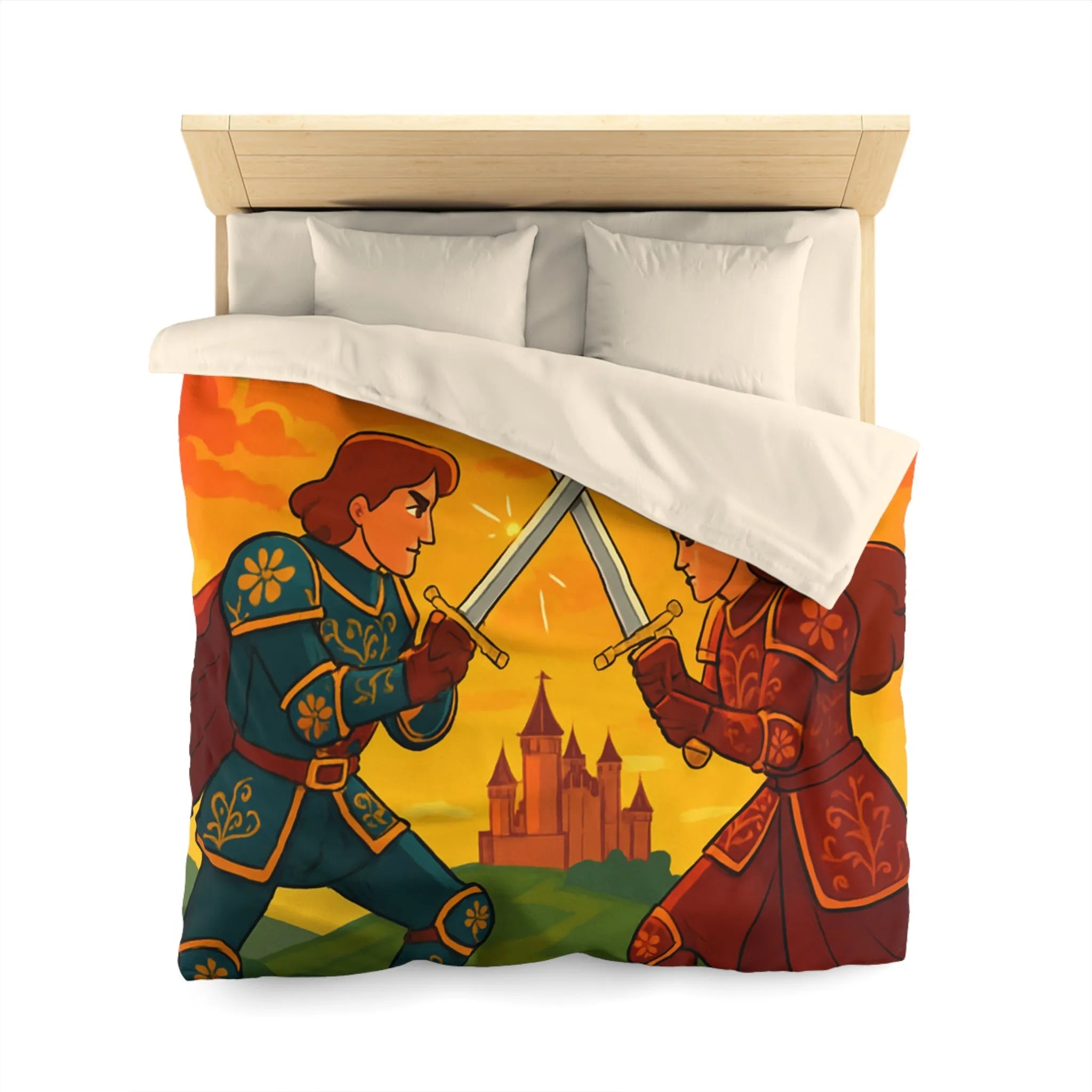 Épique housse de couette avec chevaliers médiévaux, châteaux et ciel flamboyant