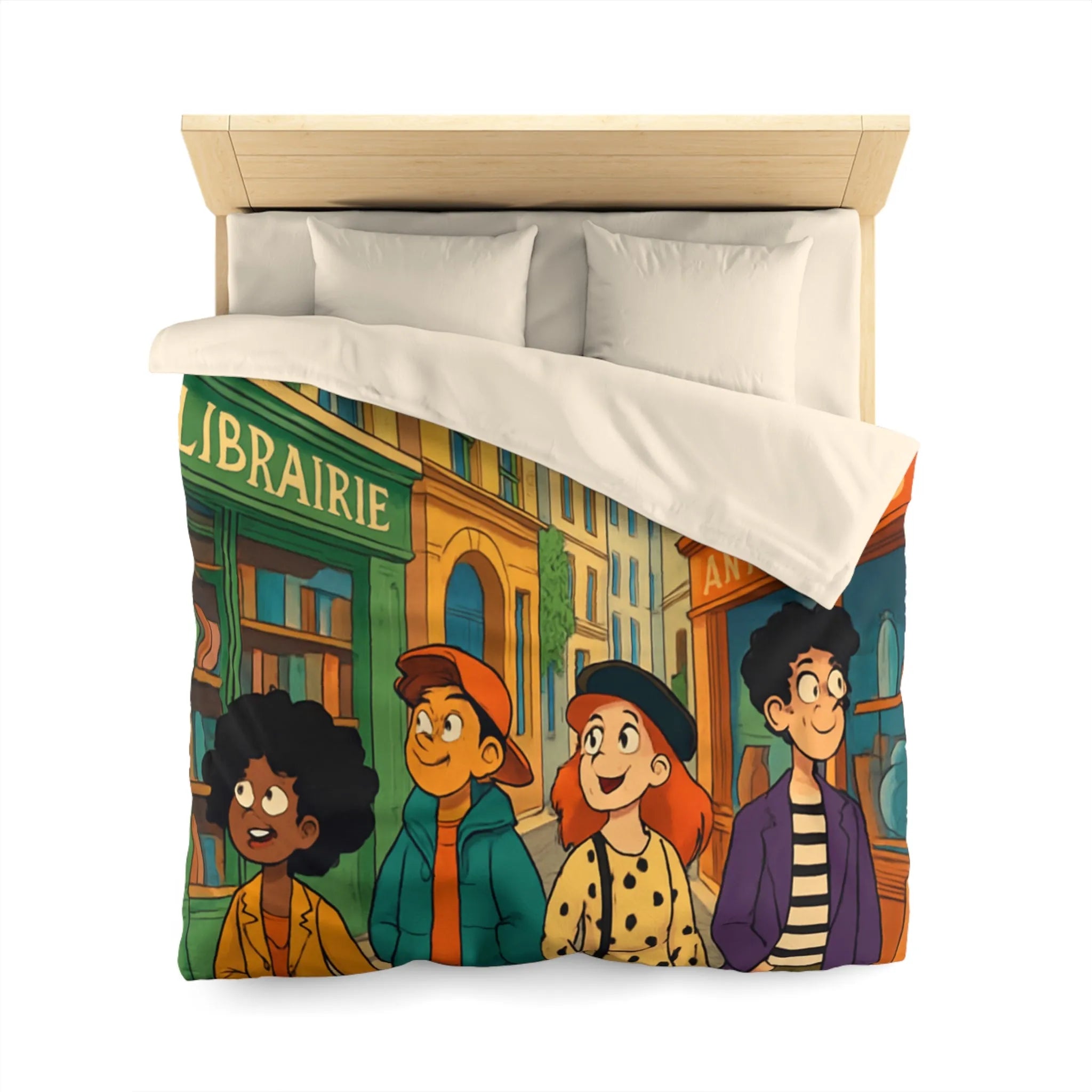 Housse de couette élégante avec design de rue parisienne animée et jeunes explorateurs