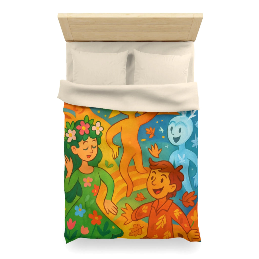 Housse de couette éclatante illustrant les quatre saisons dans un design ludique et coloré