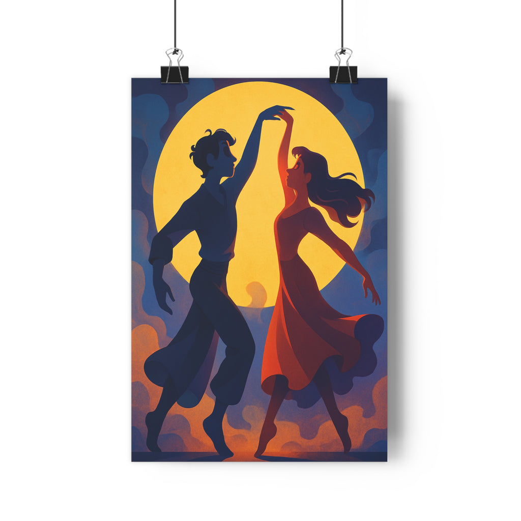 Poster décoratif noir blanc animé danse silhouettes expressives lune mystique salon artistique moderne élégant