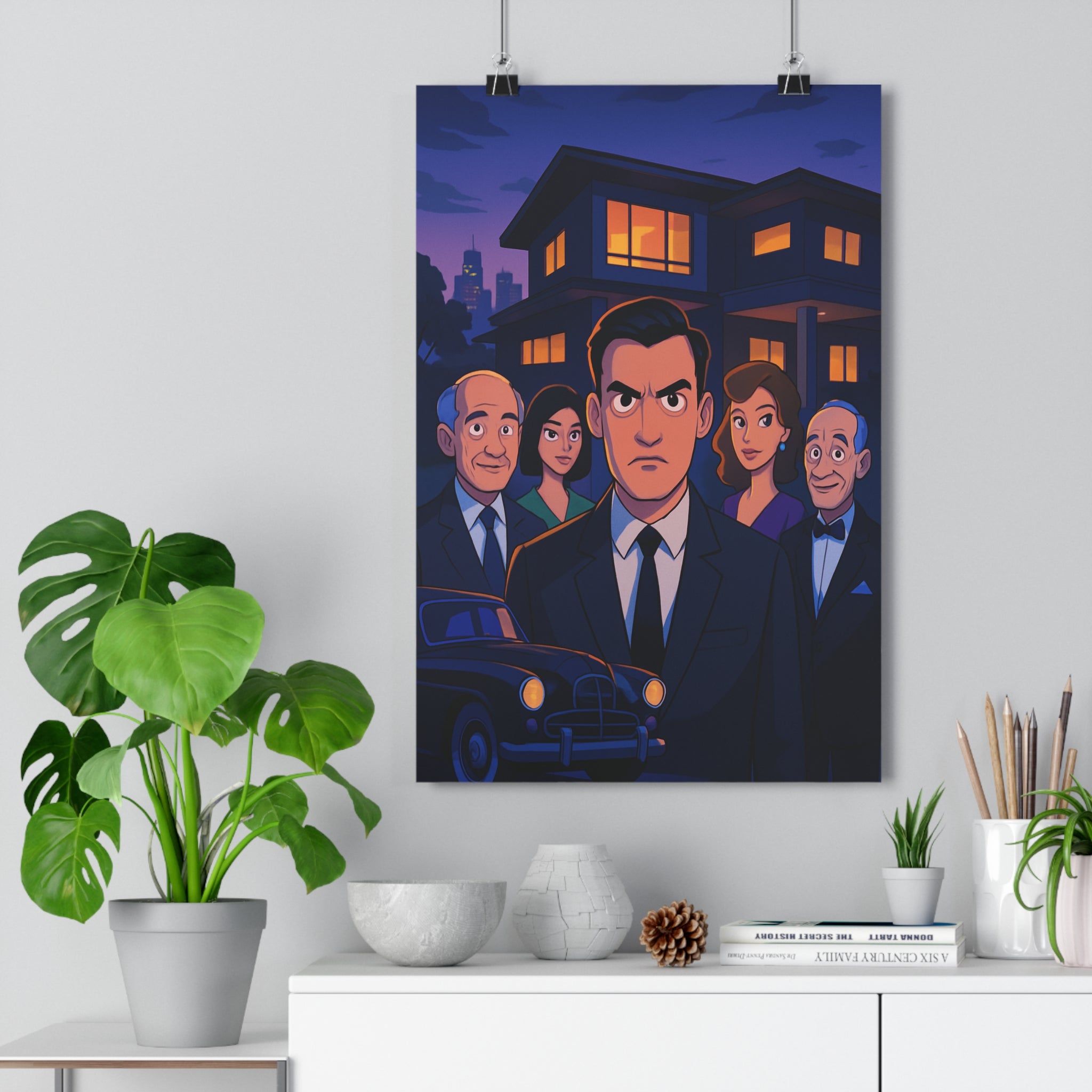 Poster décoratif mystérieux dessin animé violet orange salon moderne élégant crépuscule costumes maison voiture