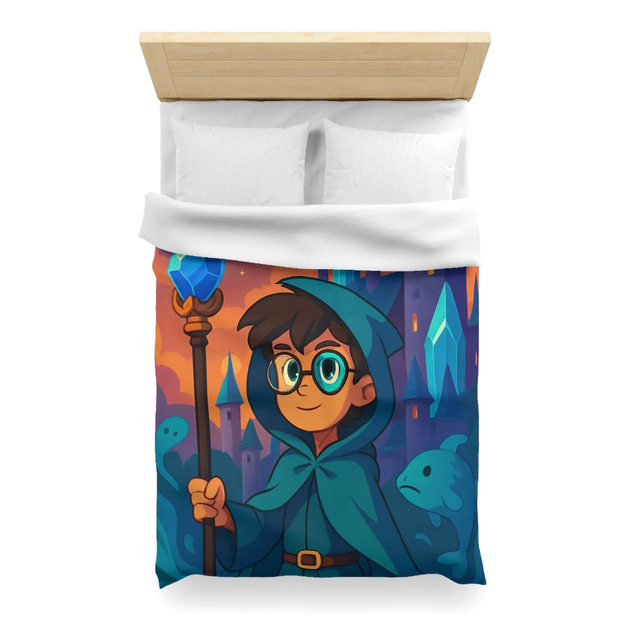 Housse de couette magie bleue fantasy avec château, sorcier et météore étincelant