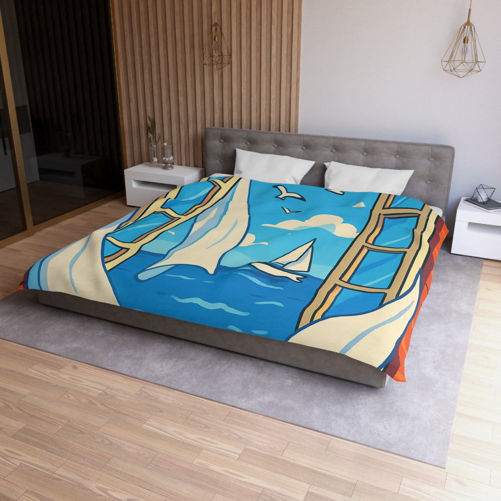 Housse de couette paysage marin fenêtre ouverte, voilier et ciel bleu serein