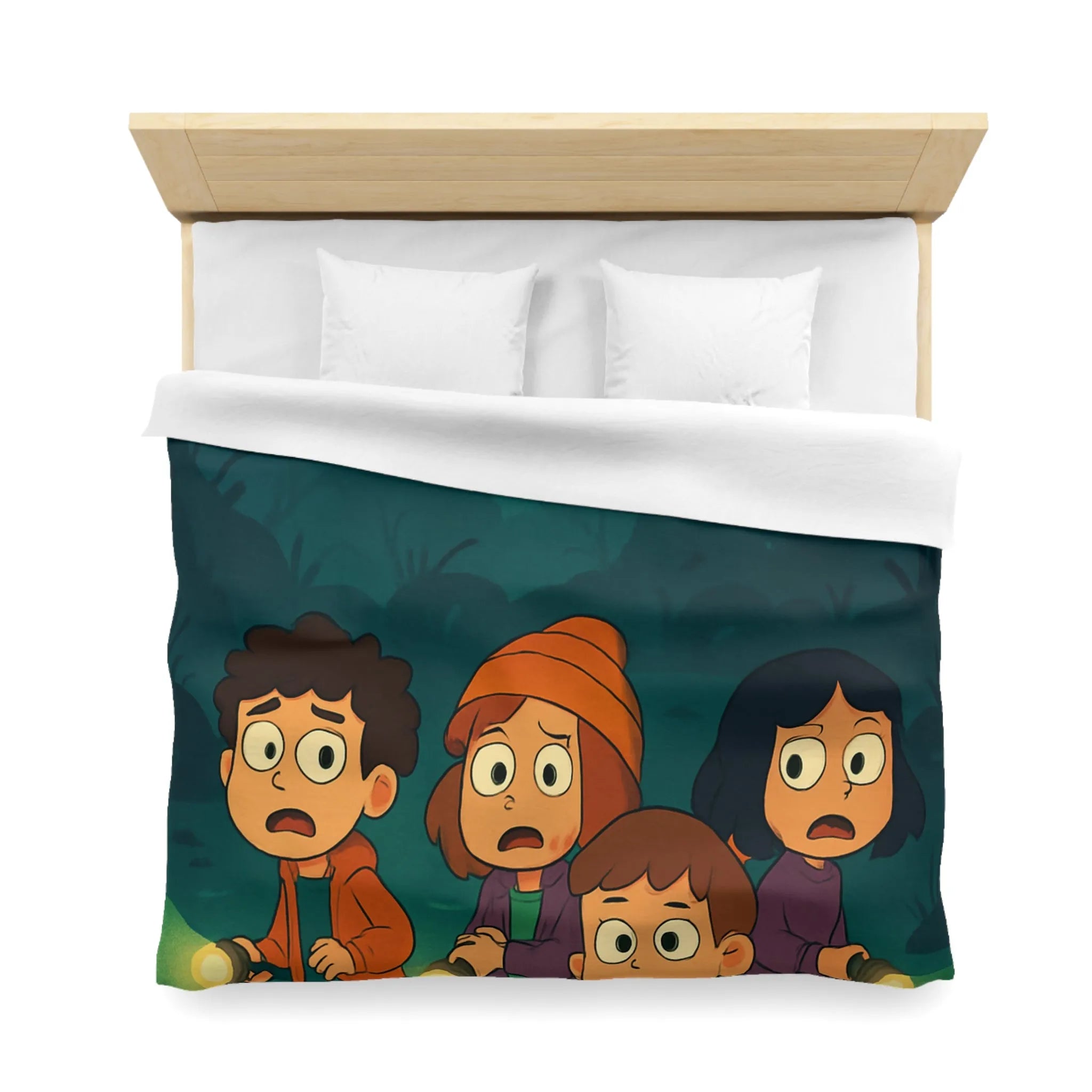 Housse de couette illustrée avec enfants explorant forêt mystérieuse par nuit de pleine lune