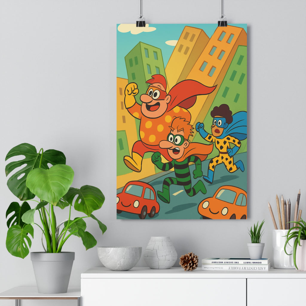 Poster décoratif cartoon superhéros pastel joyeux ville chambre enfant style humoristique ludique format 30x46