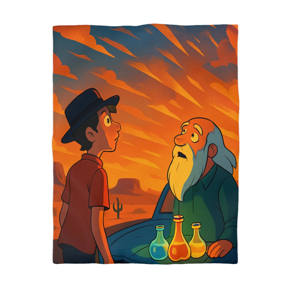 Housse de couette artistique coucher de soleil désertique avec flacons lumineux et personnages