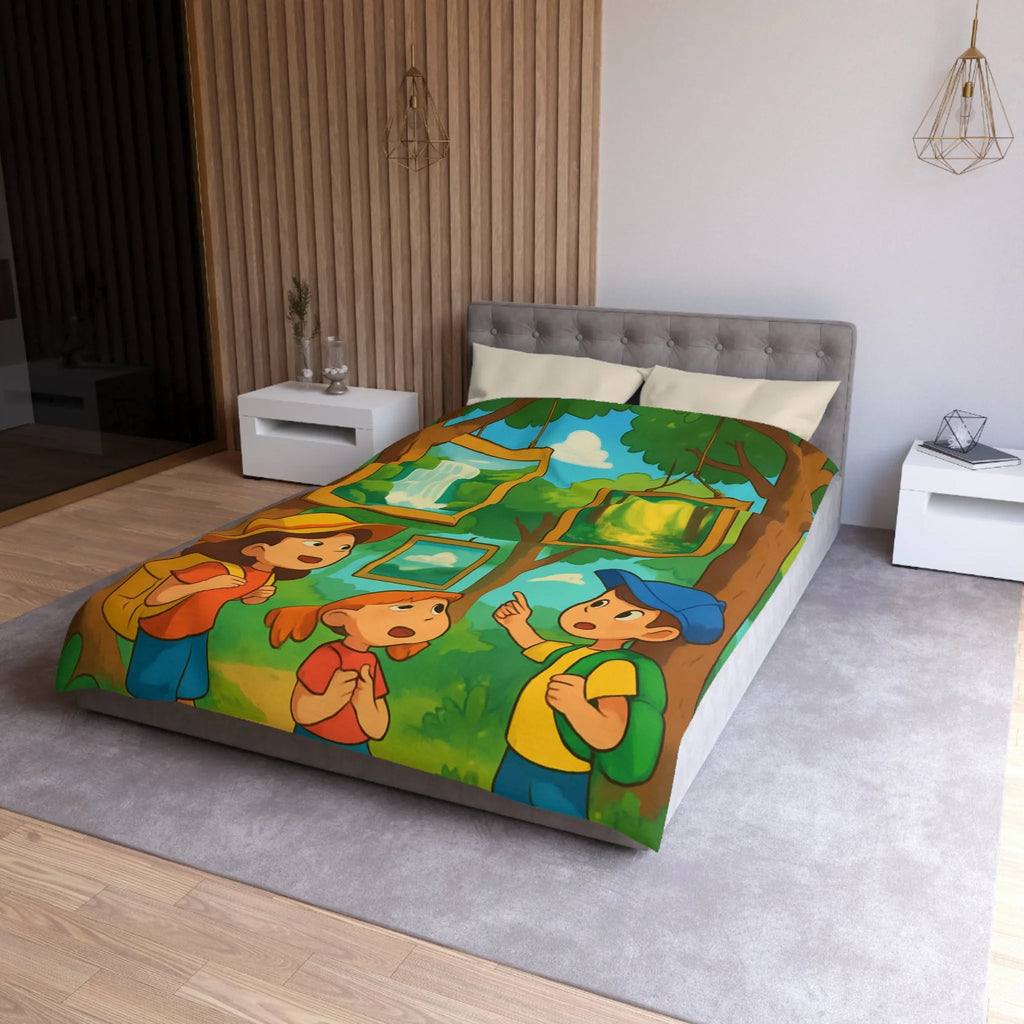 Housse de couette enfantine avec scène de forêt, cascades et exploration nature féérique