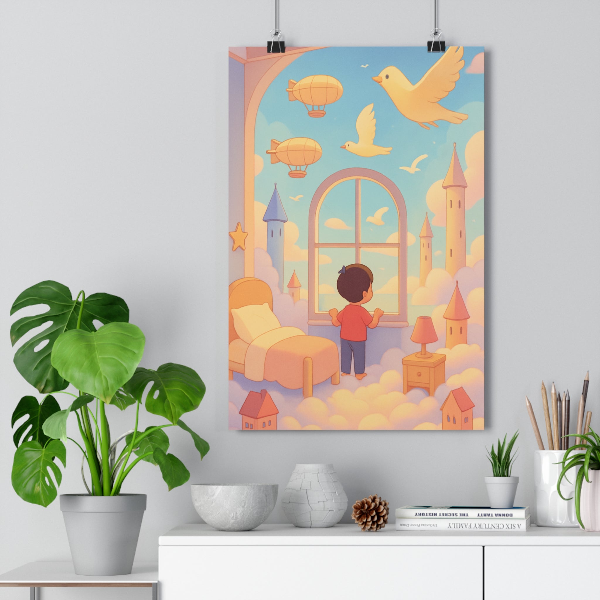 Poster décoratif bleu pastel fantastique magique chambre enfant ciel nuages oiseaux dirigeables rêveur mural