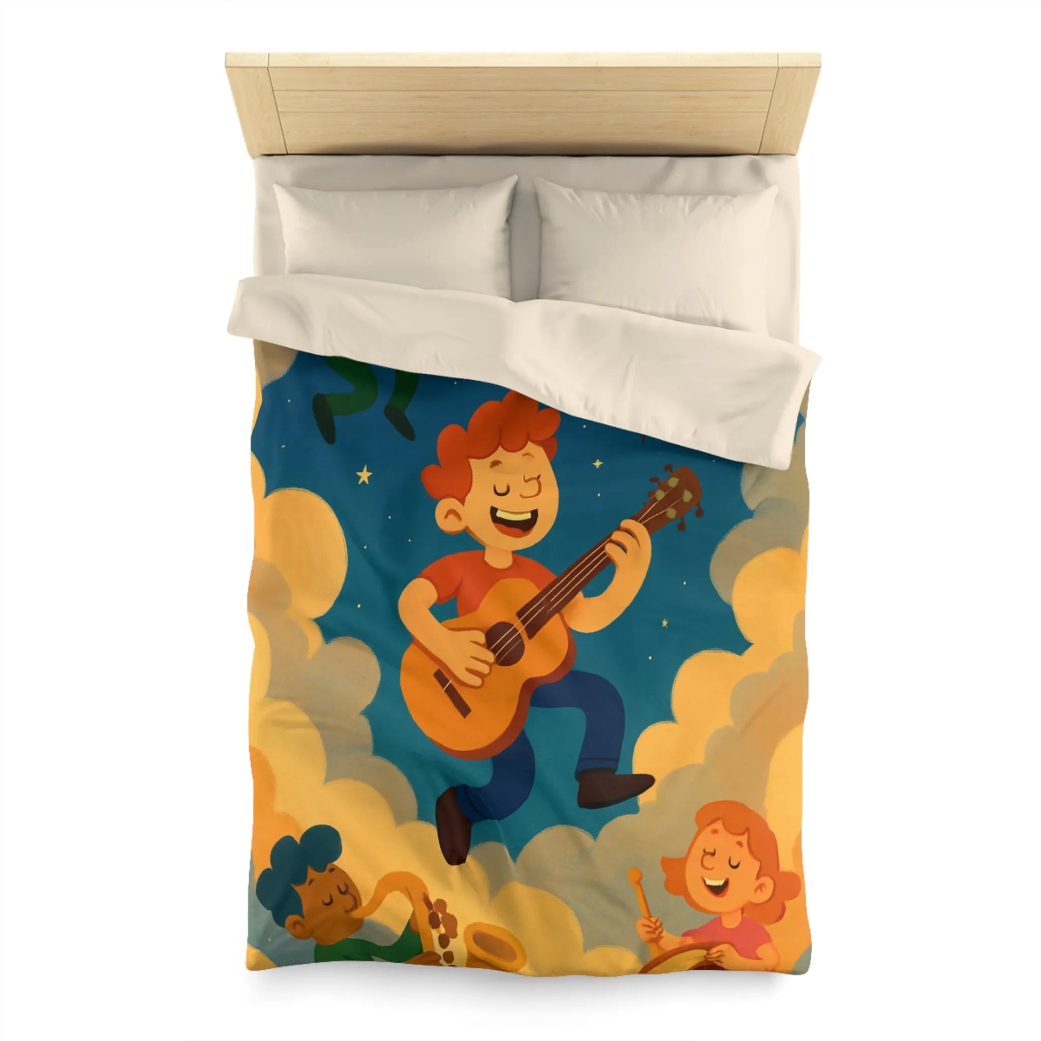 Housse de couette colorée avec musiciens joyeux flottant parmi les nuages étoilés