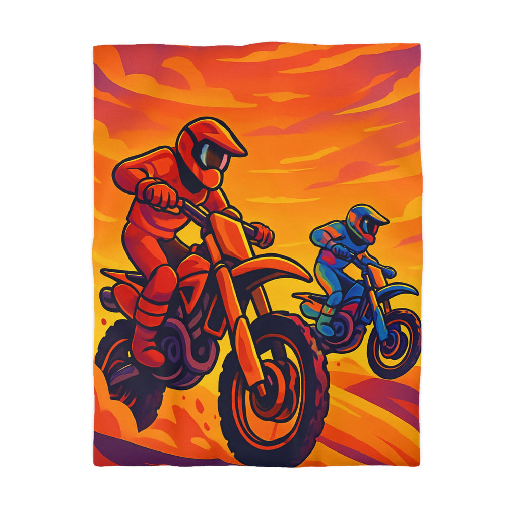 Housse de couette moto aventure: dynamique, couleurs vives, coucher de soleil dramatique