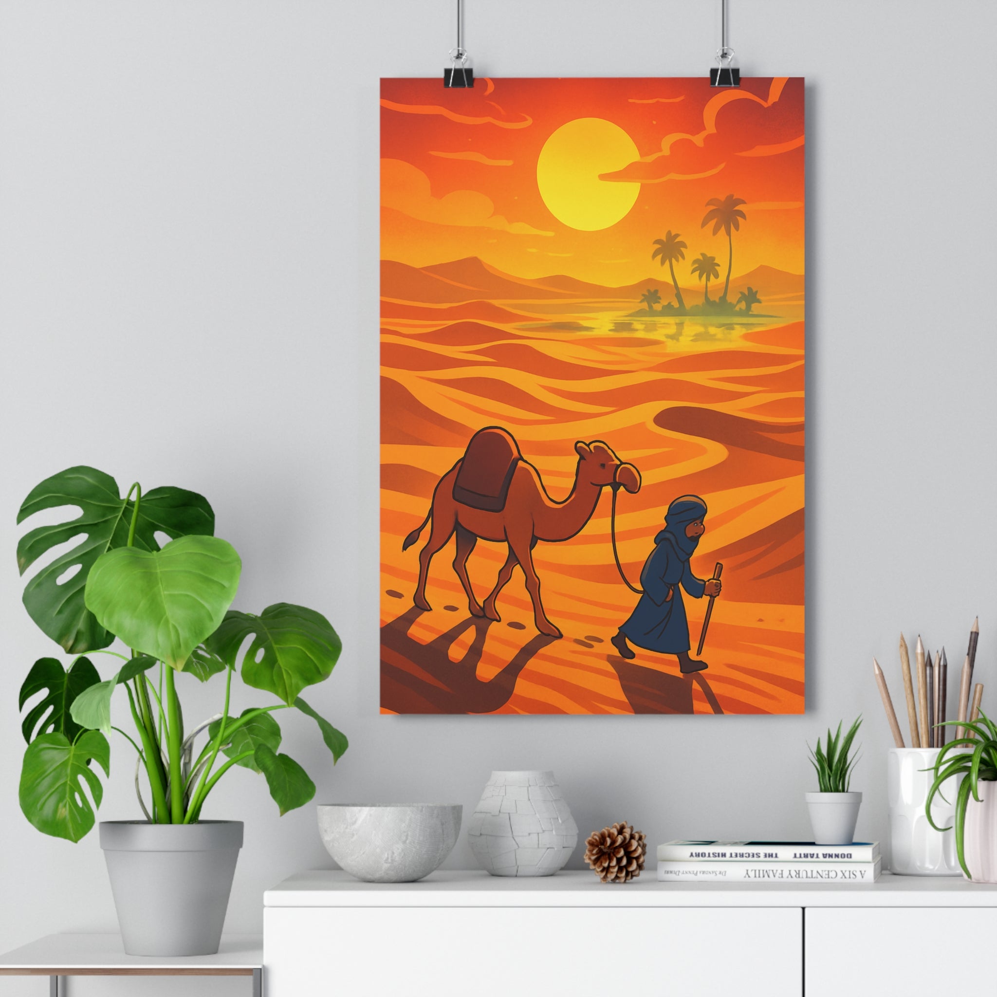 Poster décoratif cartoon désert dromadaire bleu orange coucher soleil exotique salon chambre design élégant