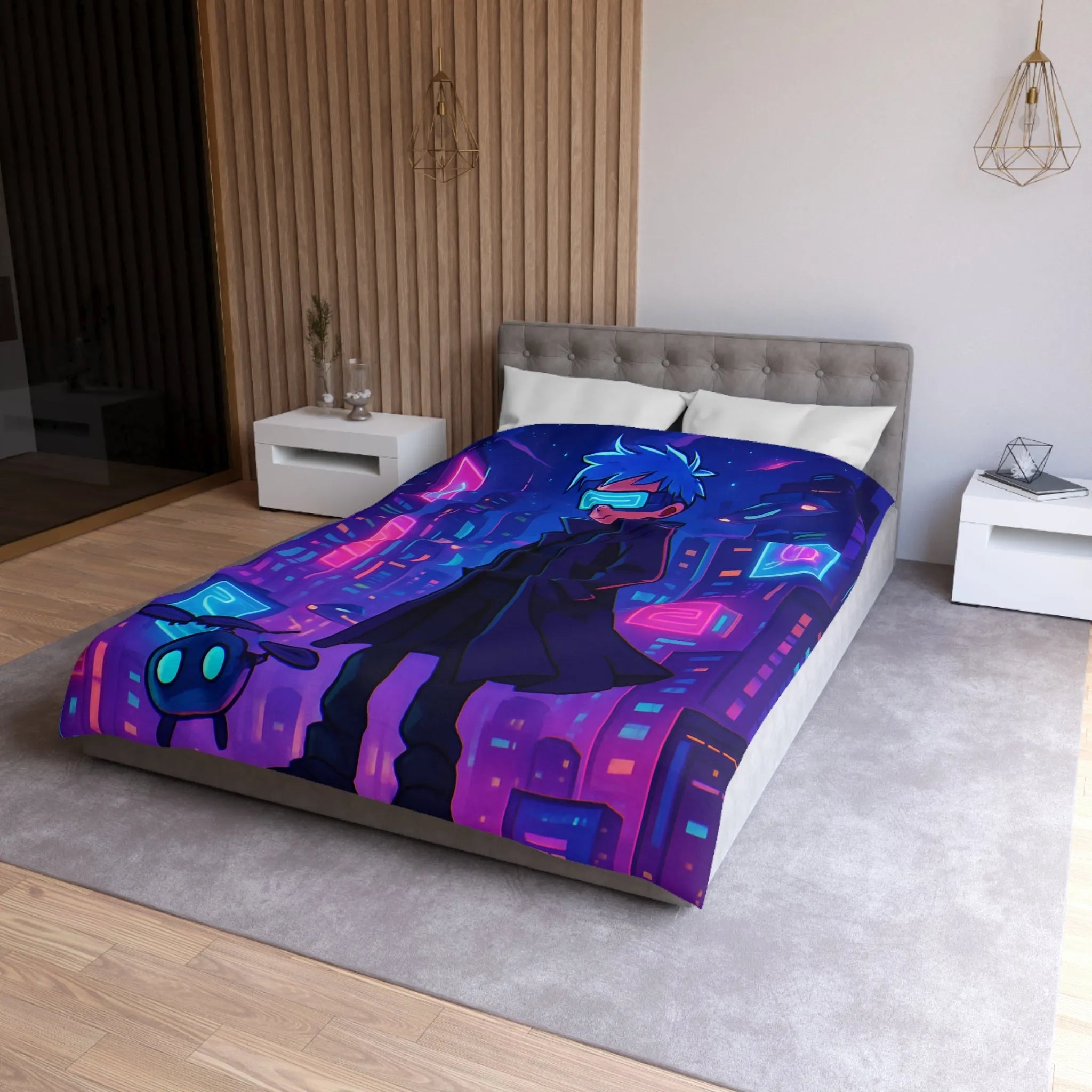 Housse de couette en néon futuriste avec personnage mystérieux et skyline cyberpunk