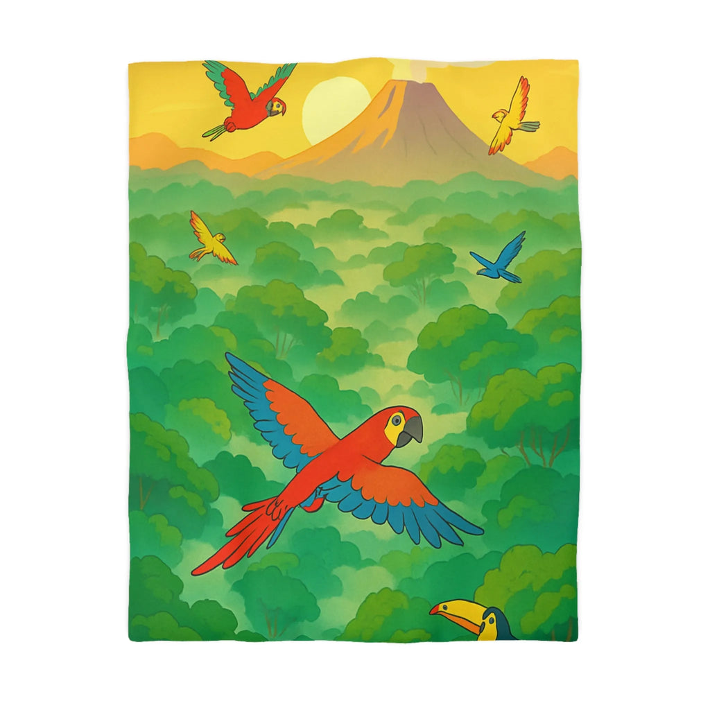 Housse de Couette Colorée Tropicale avec Perroquets et Paysage de Forêt Exotique