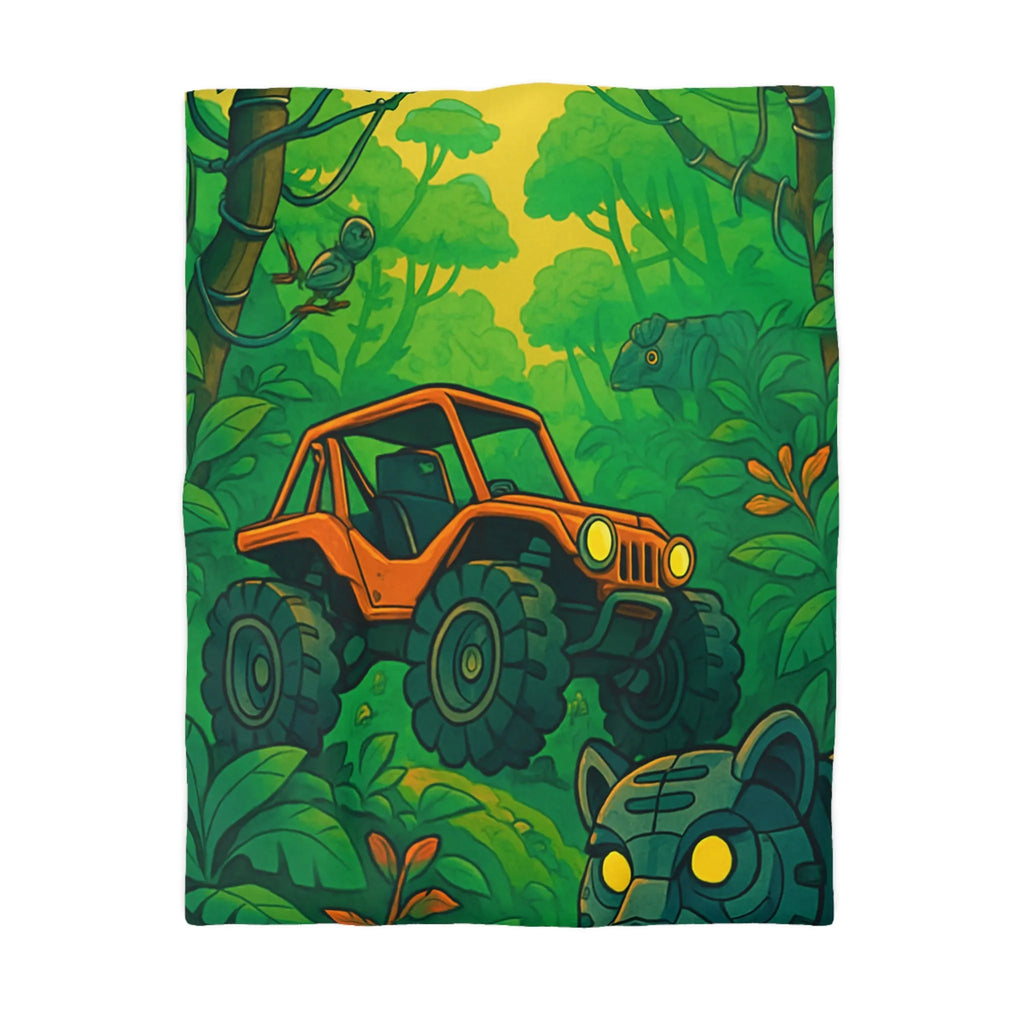 Housse de couette jungle vibrante avec 4x4 orange et panthère mystérieuse