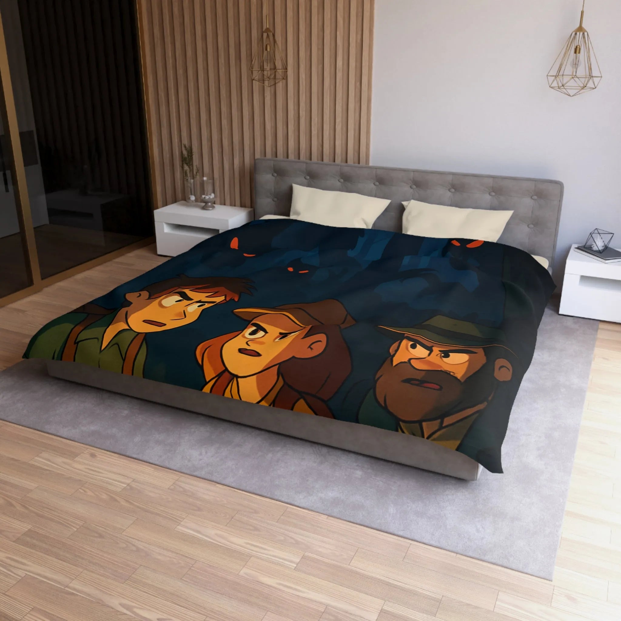 Housse de Couette Forêt Enchantée Nocturne avec Aventuriers et Créatures Mystiques Illustrée