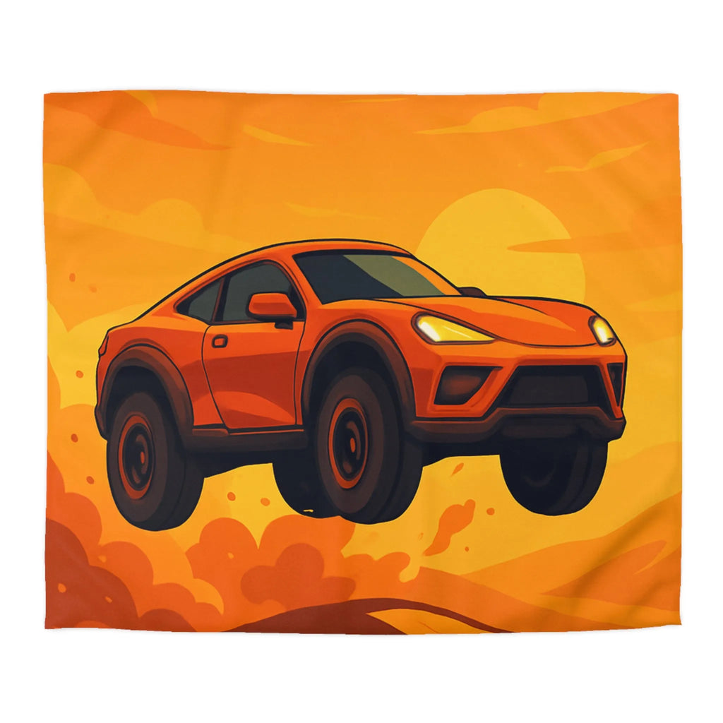 Housse de couette design voiture saut désert couleur orange coucher de soleil