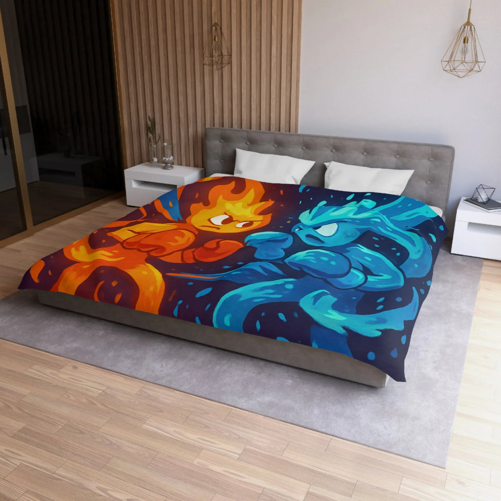 Housse de couette avec illustration dynamique de feu et eau s'affrontant