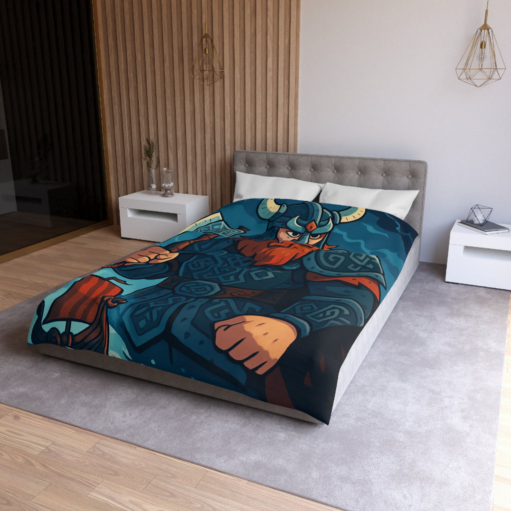 Housse de Couette Viking Illustrée avec Guerrier et Drakkar sur Fond Océan Tempétueux