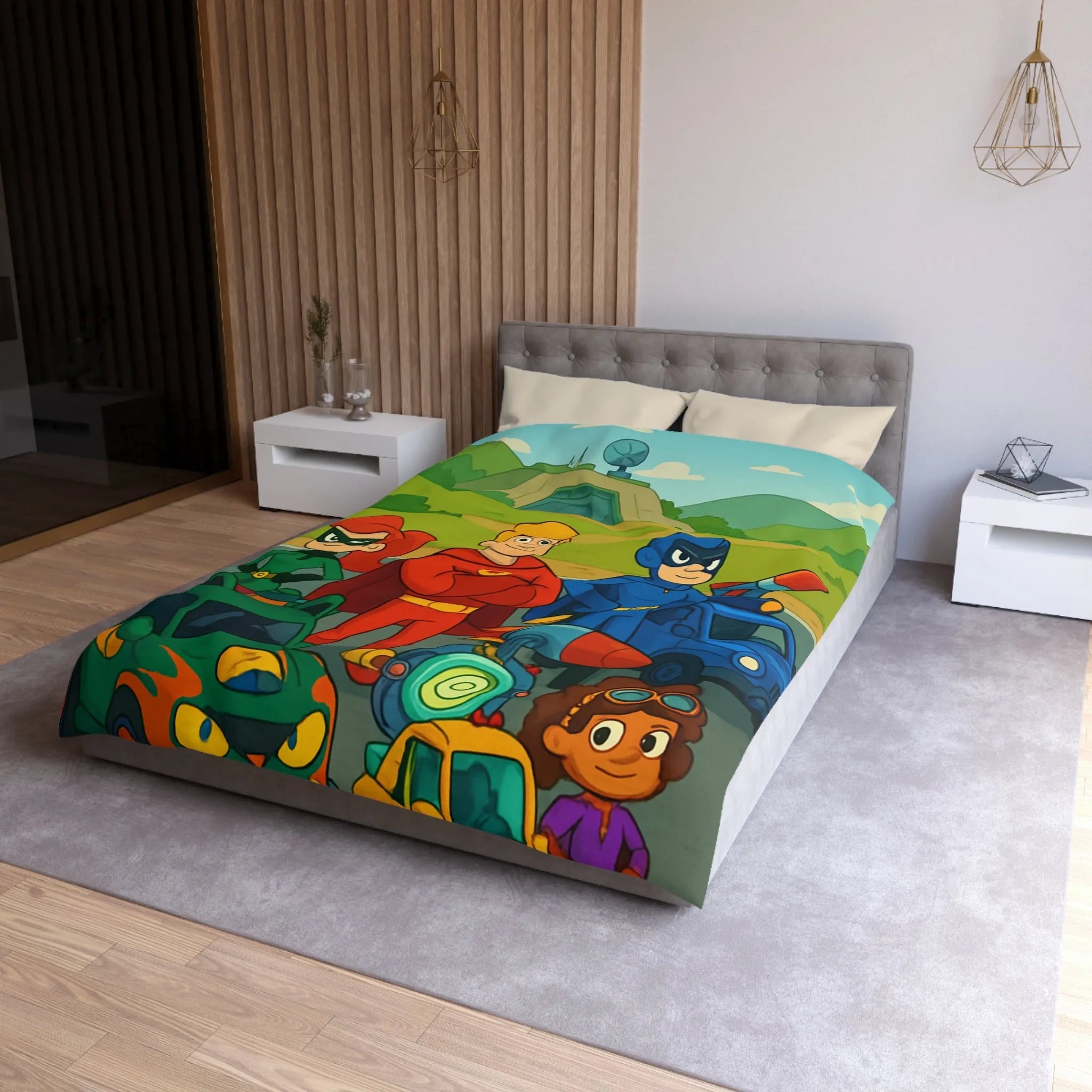 Housse de couette enfant avec super-héros et véhicules colorés dans paysage cartoon vibrant