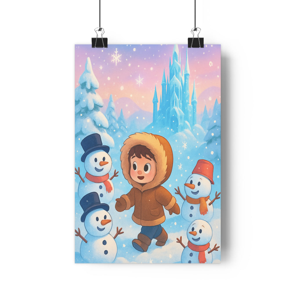 Poster décoratif hiver pastel rose bleu enfant chambre onirique joyeux paysage format 30x46 ambiance