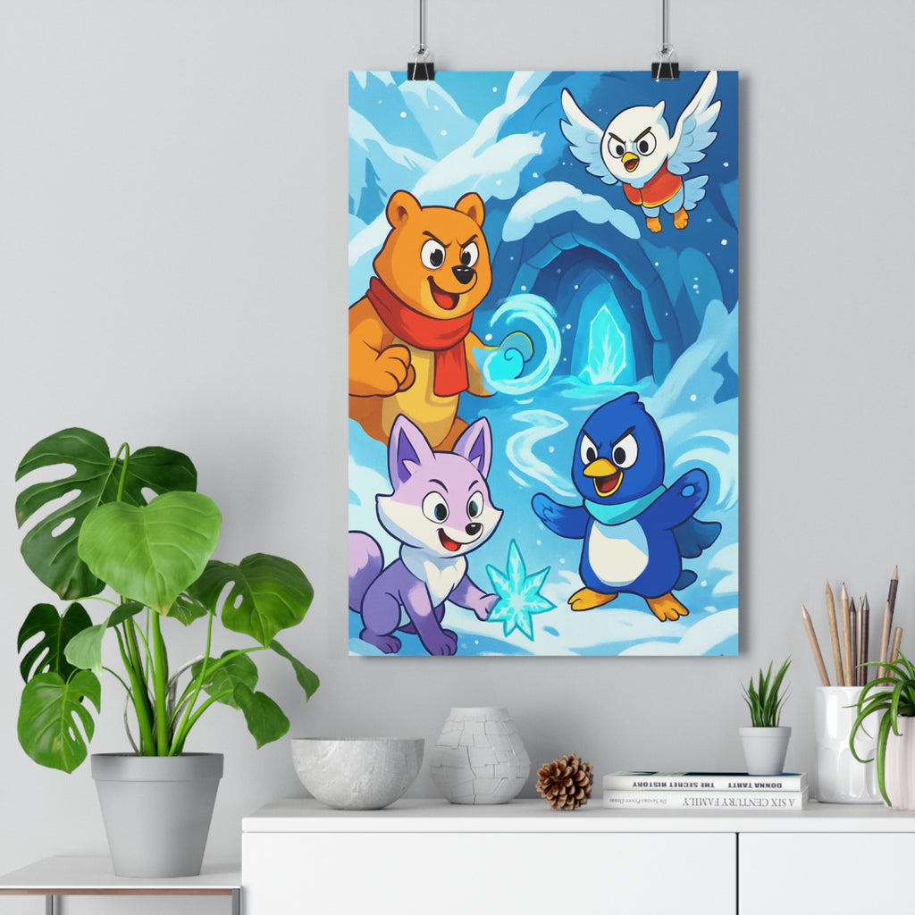 Poster décoratif scène animalière colorée aventure joyeuse chambre enfant ours renard pingouin oiseau magique