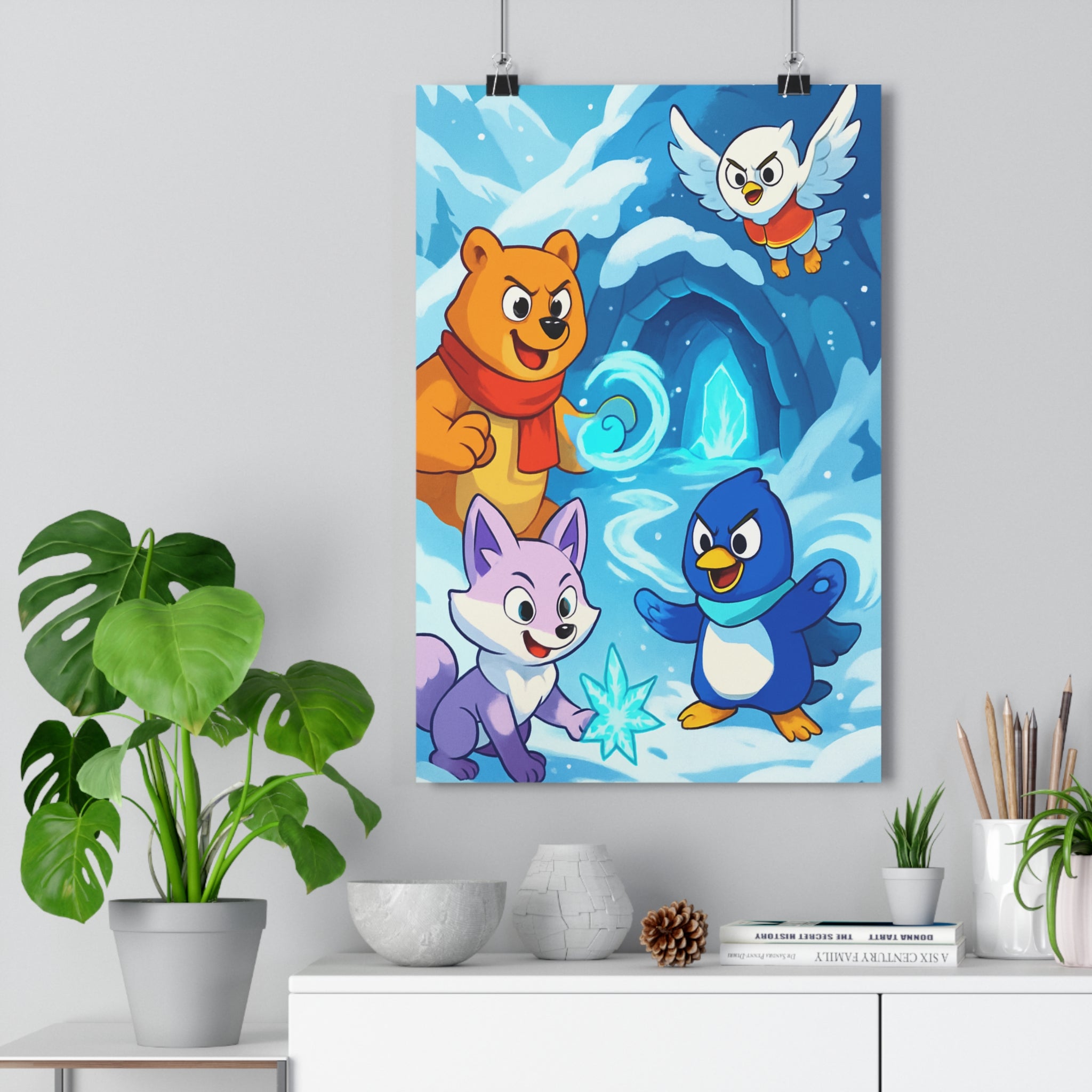 Poster décoratif scène animalière colorée aventure joyeuse chambre enfant ours renard pingouin oiseau magique