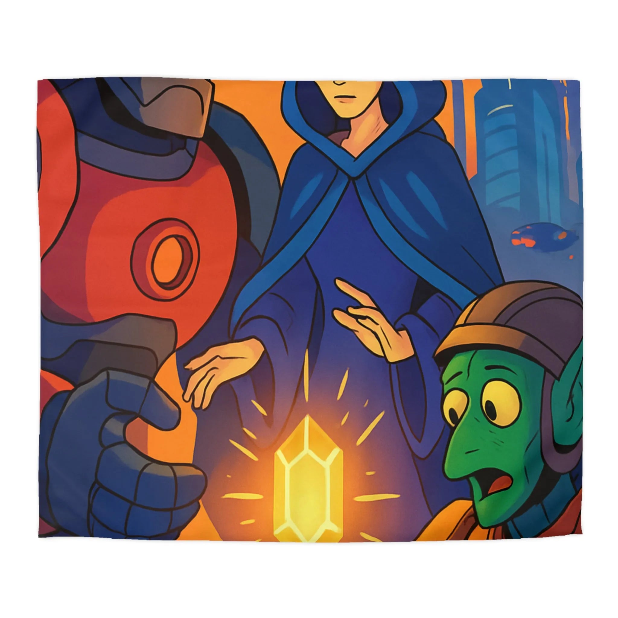 Housse de couette colorée avec illustration futuriste d'artefact mystérieux et personnages intrigants