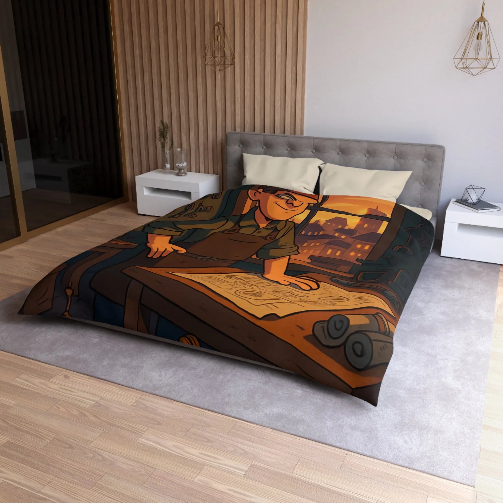 Housse de couette enfant avec illustration atelier rétro et robots amusants pour inventeur