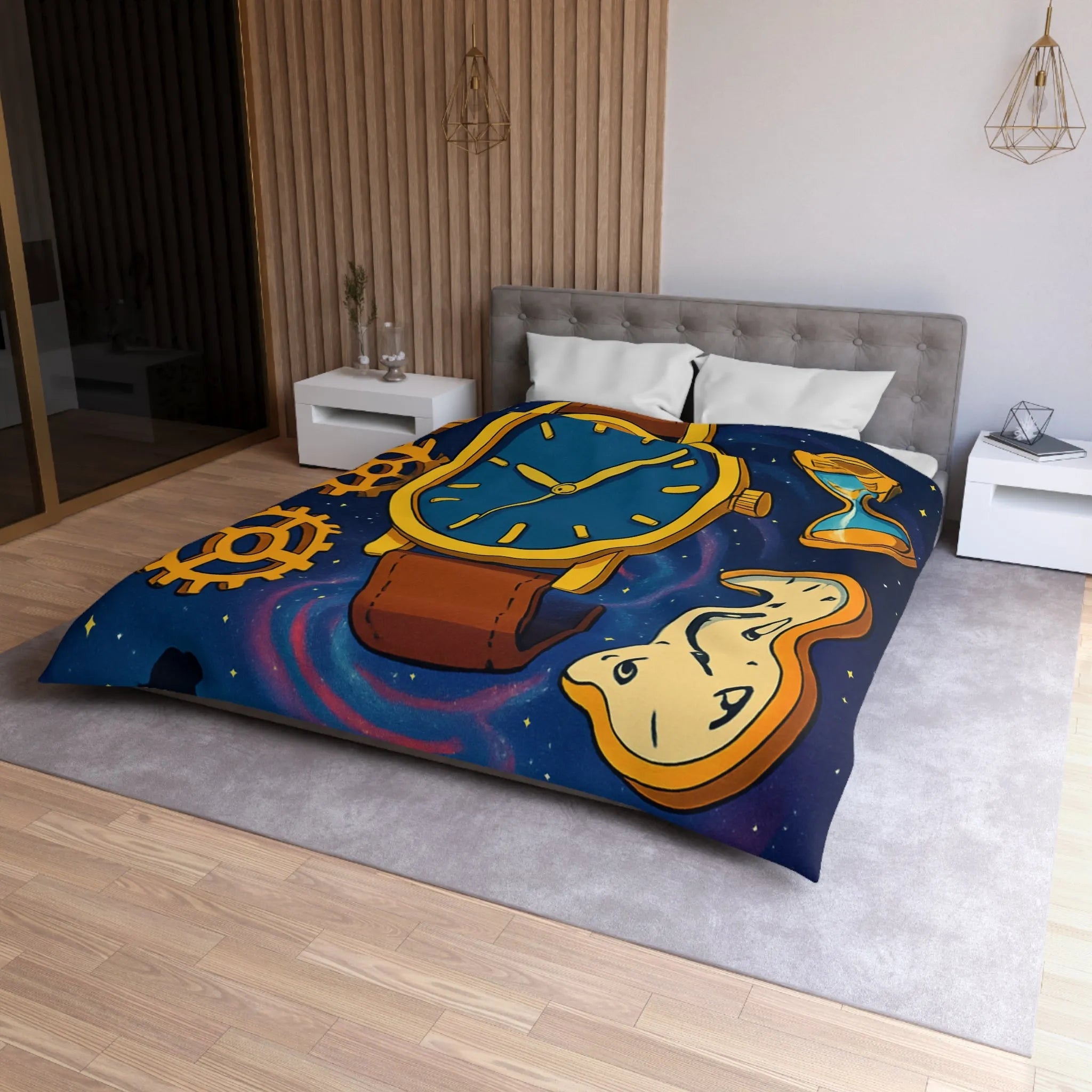 Housse de Couette Inspirée de l'Espace avec Montre Vintage et Sabliers Jaunes